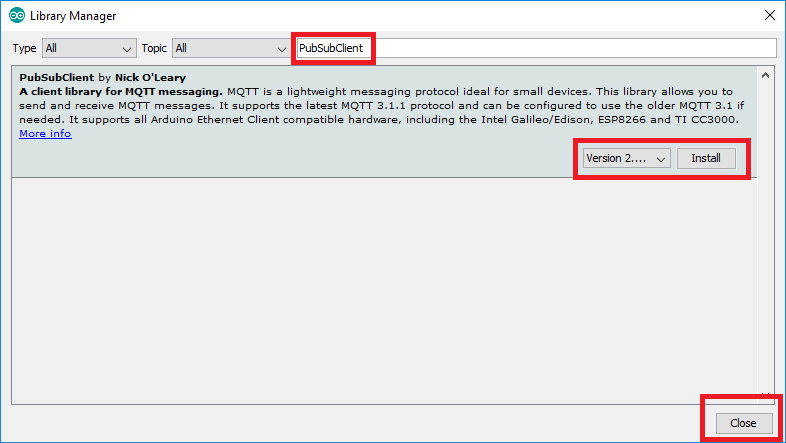 Arduino Library Manager PubSubClient